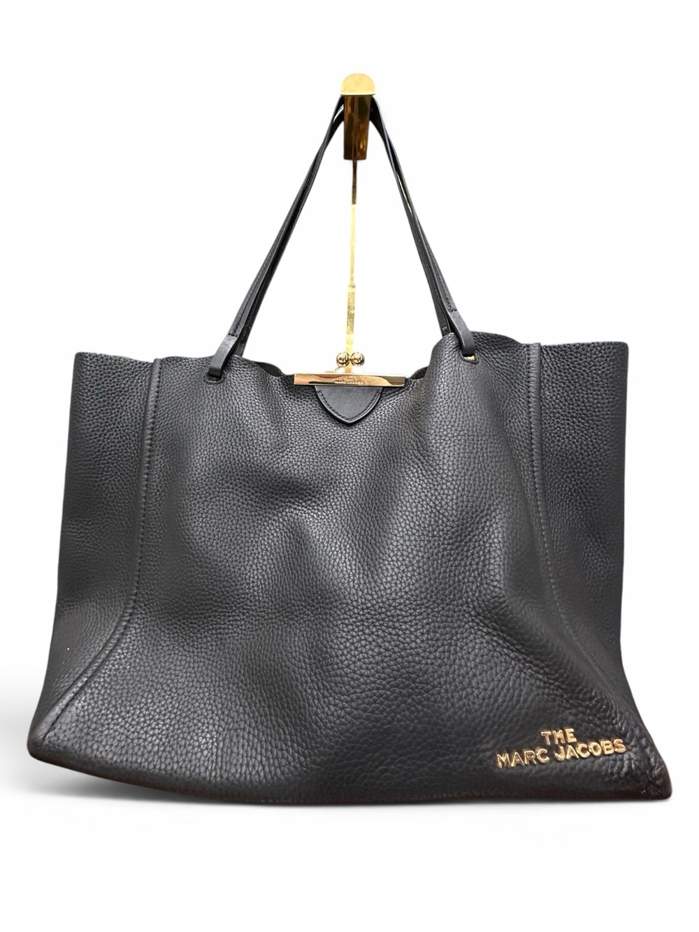 Marc Jacobs The Kiss Lock Tote Black Pebbled Leather Large Shoulder Bag